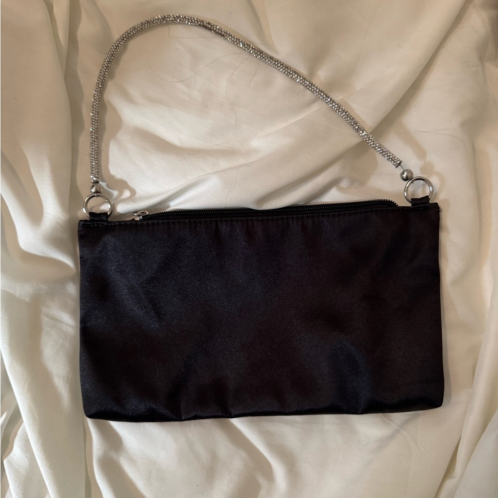 Black Satin Clutch with Silver Chain